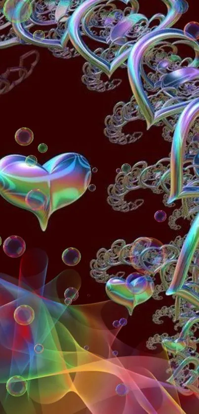 Colorful iridescent hearts on a dark red background.