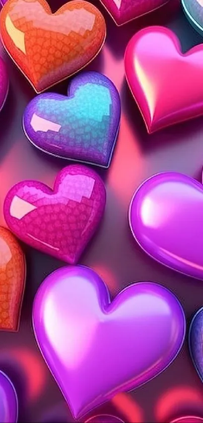 Colorful glossy heart wallpaper for mobile screen.