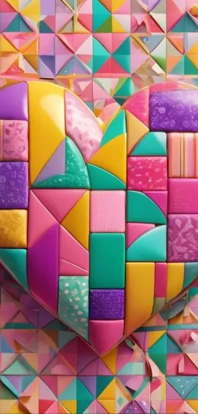 Colorful heart-shaped mosaic with geometric pattern design.