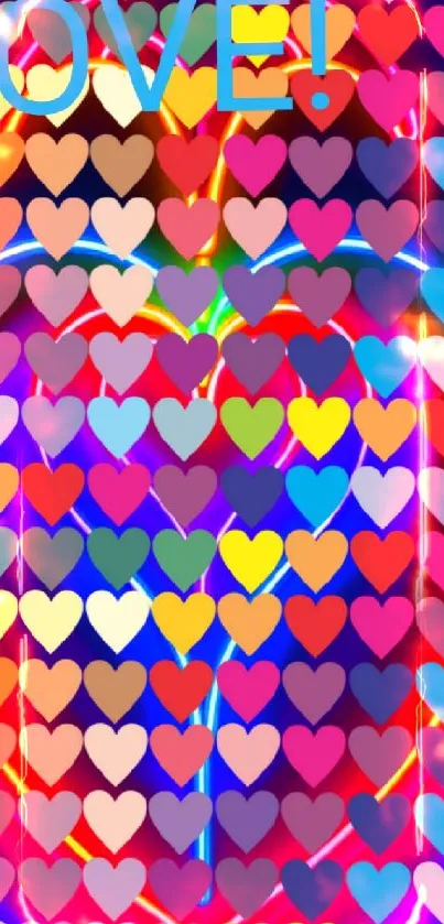 Vibrant neon hearts and the word LOVE in colorful design.