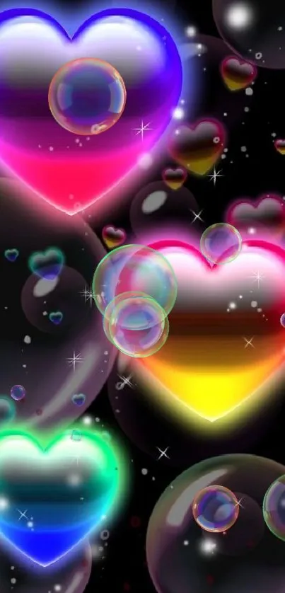 Neon hearts and bubbles mobile wallpaper, colorful and lively design.