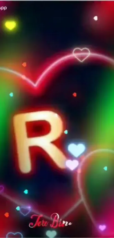 Neon heart mobile wallpaper with vibrant colors and letter R design.