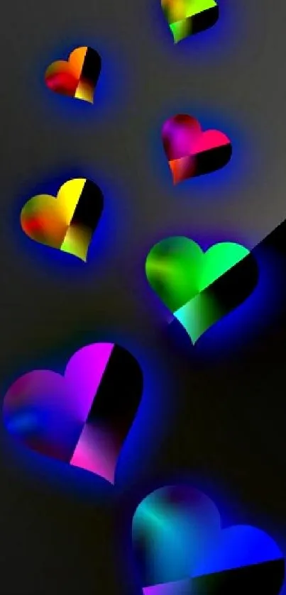 Mobile wallpaper with neon gradient hearts on a dark background.