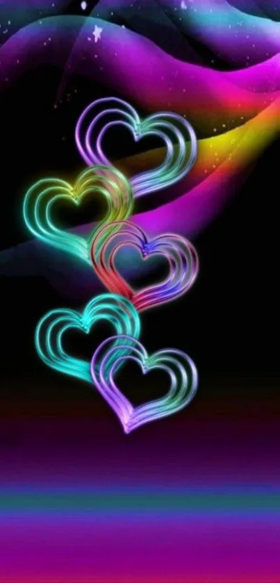 Neon hearts glowing on a dark background.