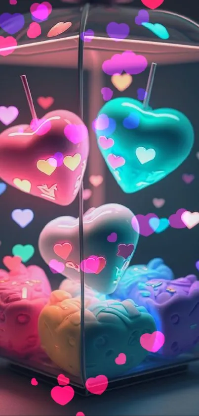 Colorful neon hearts in glass display glowing vibrantly.