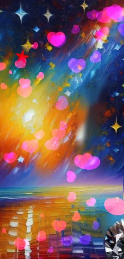 Colorful night sky wallpaper with hearts and stars.