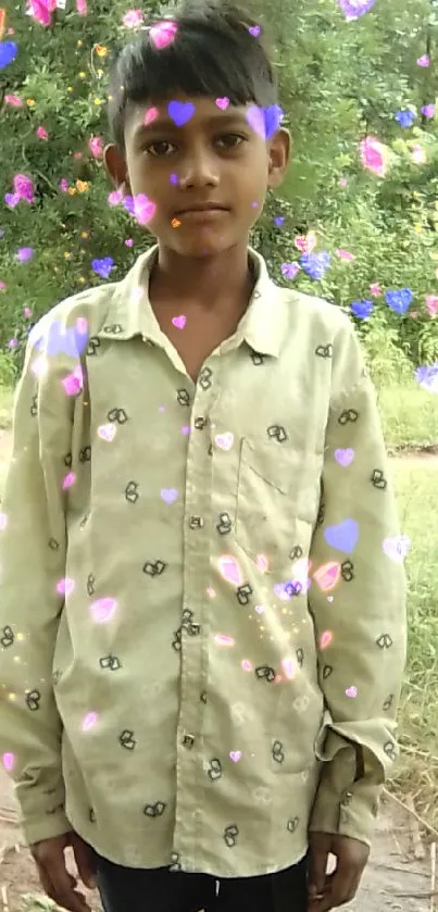 Boy standing outside with colorful heart decorations overlay.