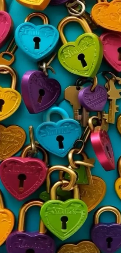 Colorful heart-shaped padlocks and keys on a turquoise background.