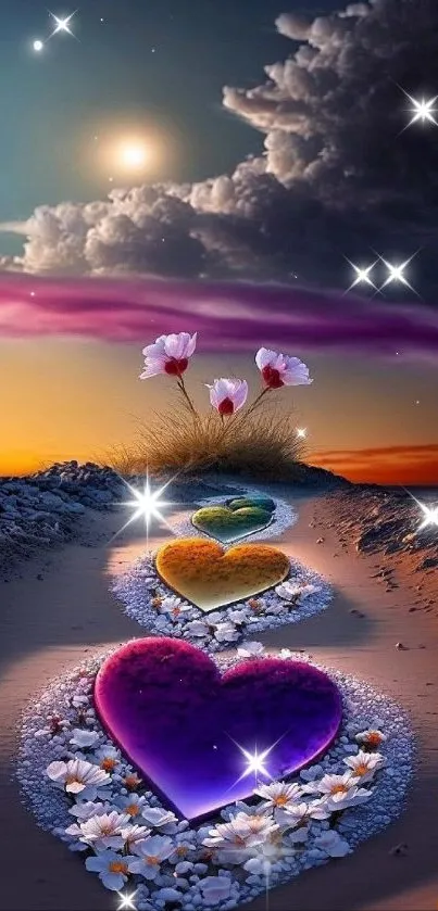 Colorful hearts and flowers on path under twilight sky.