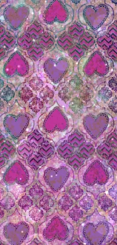 Colorful heart pattern wallpaper in pink and purple tones.