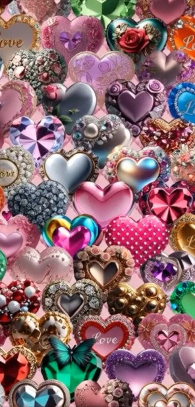 Vibrant colorful heart pattern wallpaper with love theme.