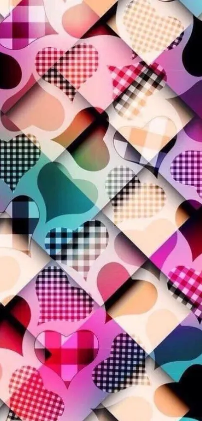 Multicolored geometric heart pattern wallpaper.