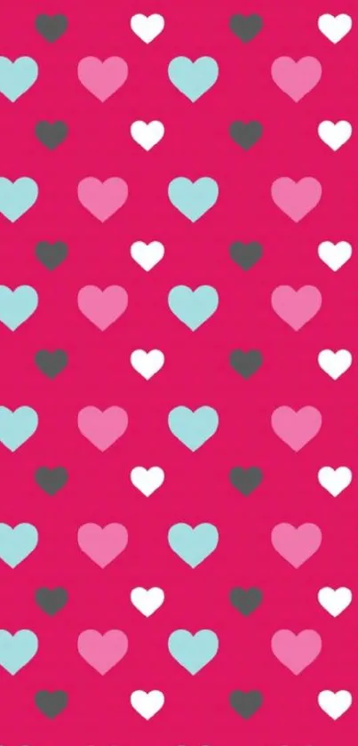 Vibrant red wallpaper with colorful hearts