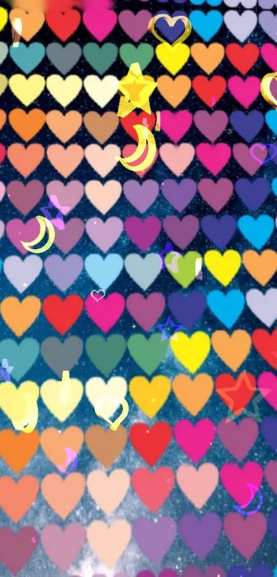 Colorful hearts and starry shapes on vibrant phone wallpaper.