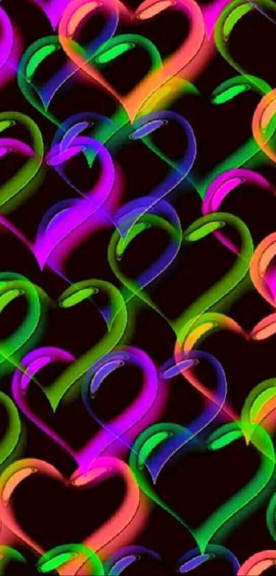 Colorful hearts pattern on a black background for mobile wallpaper.