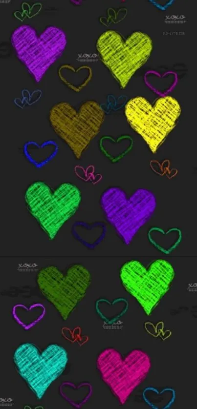 Colorful heart pattern on dark background wallpaper.