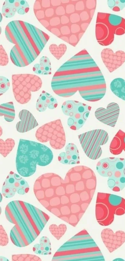 Colorful heart pattern wallpaper in pink, teal, and white.