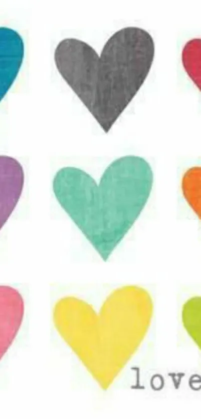 Colorful hearts pattern wallpaper with 'love' text.