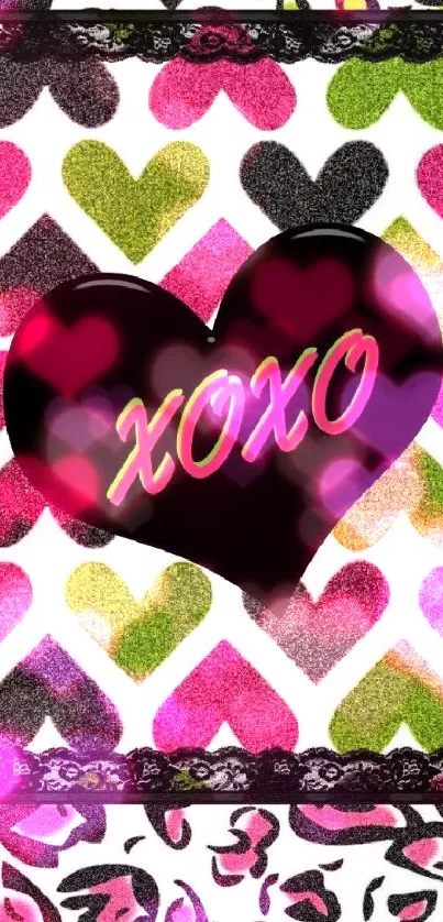 Colorful heart pattern wallpaper with XOXO.