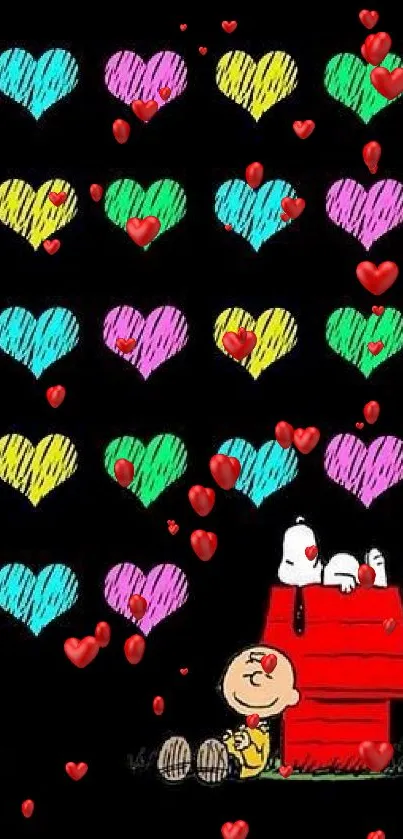 Colorful hearts with characters on a black wallpaper.