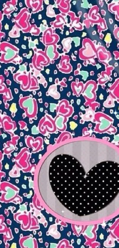 Colorful heart pattern with pink and blue tones and a polka dot heart detail.