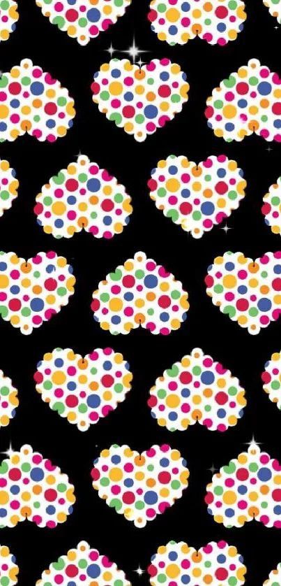 Colorful polka dot hearts on black background.