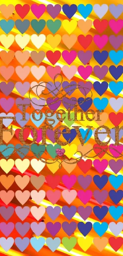 Colorful heart pattern wallpaper with 'Together Forever' message.