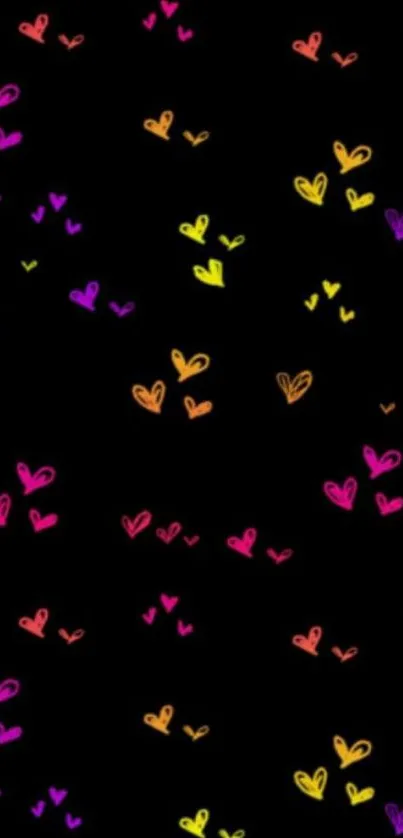 Colorful hearts pattern on black background wallpaper.