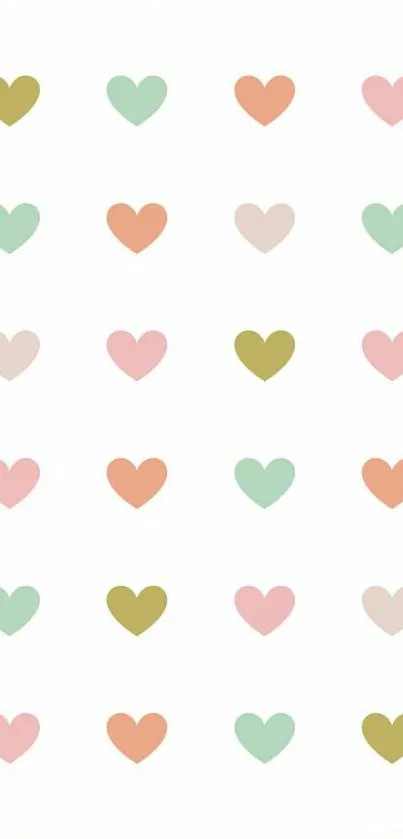 Pattern of colorful hearts on white background, perfect for mobile wallpaper.