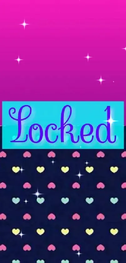 Colorful heart pattern wallpaper with 'Locked' text on pink and navy background.