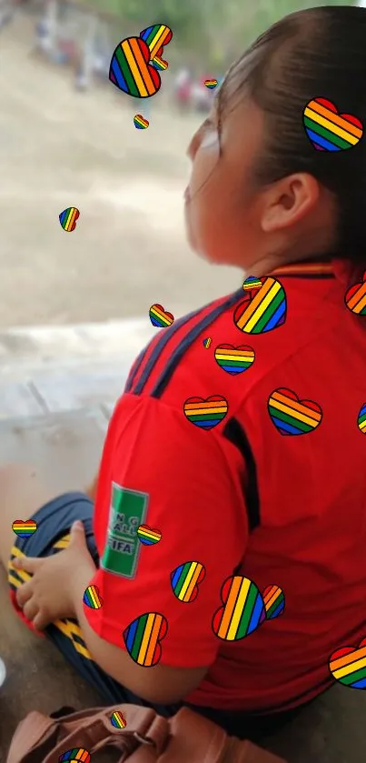 Person in red shirt with vibrant heart patterns in background.