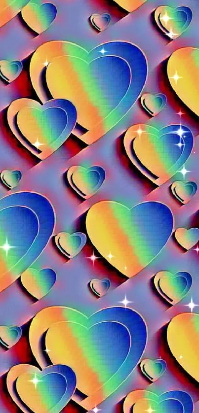 Colorful heart pattern wallpaper with rainbow hues.