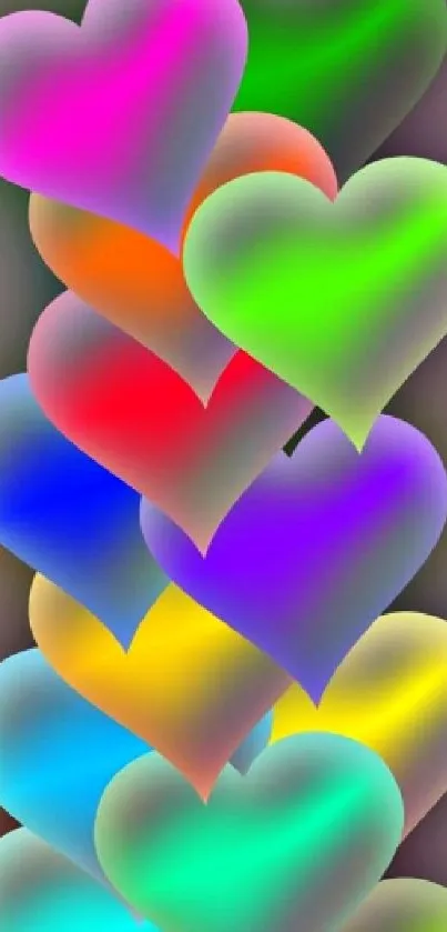 Vibrant mobile wallpaper with colorful hearts in a cascading pattern.