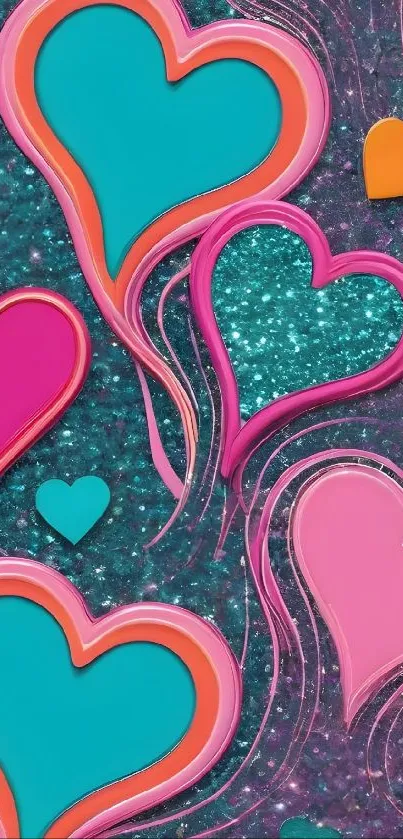 Colorful and sparkling heart-themed wallpaper design.