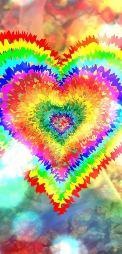 Rainbow heart pattern with vibrant zigzag colors in a bright abstract design.