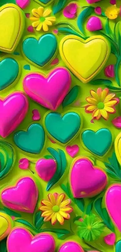 Vibrant hearts and flowers in neon colors.
