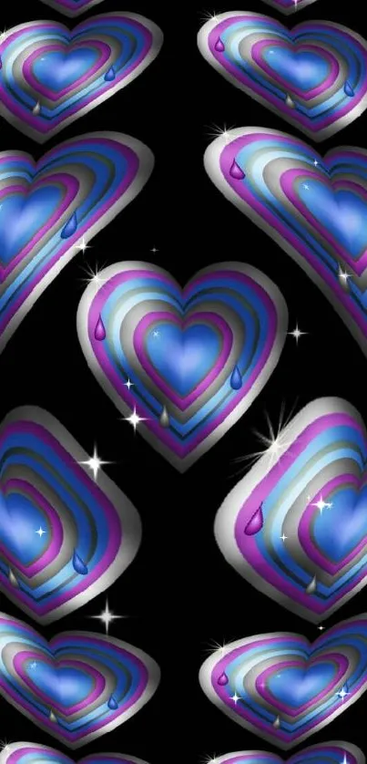 Vibrant wallpaper with colorful heart pattern on black background.