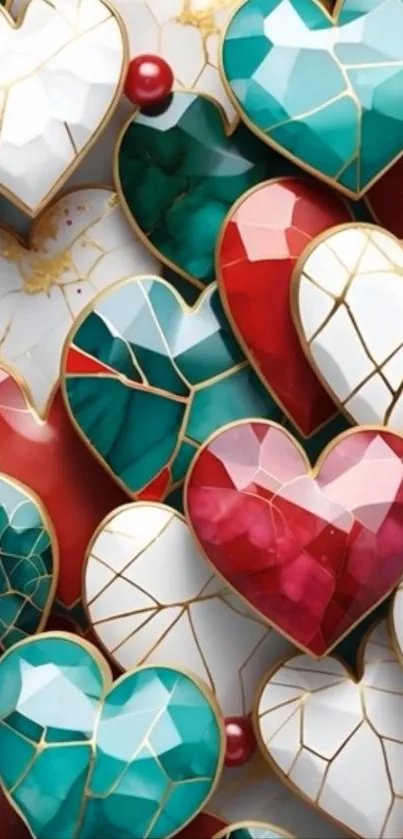 Colorful geometric heart pattern wallpaper.