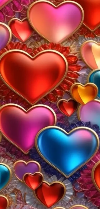 Vibrant mobile wallpaper with colorful heart patterns.