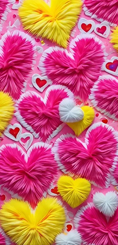 Vibrant pink, yellow, and white heart pattern on mobile wallpaper.