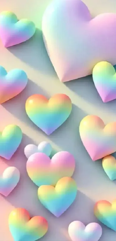 3D pastel hearts in rainbow hues on mobile wallpaper.