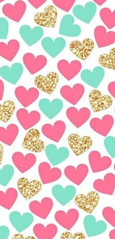 Colorful pattern of pink, teal, and glitter hearts on a mobile wallpaper.