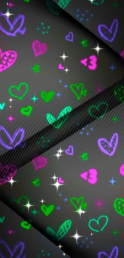 Colorful neon heart pattern mobile wallpaper.