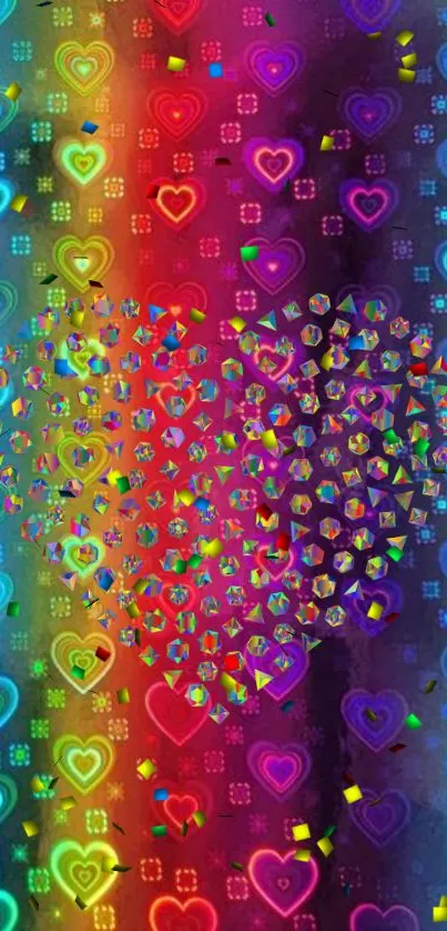 Vibrant rainbow heart pattern wallpaper for mobile display.