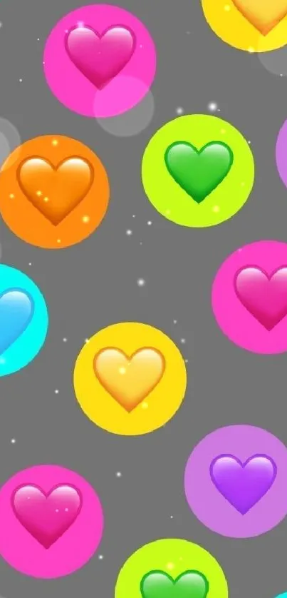 Colorful hearts on gray mobile wallpaper.