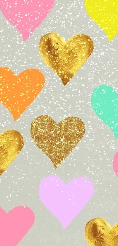 Colorful wallpaper with gold and pastel pink hearts.