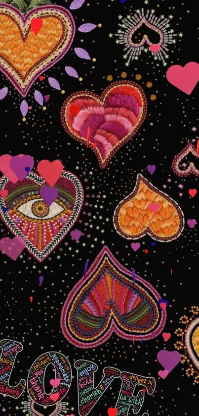 Colorful heart design wallpaper with vibrant patterns on black background.