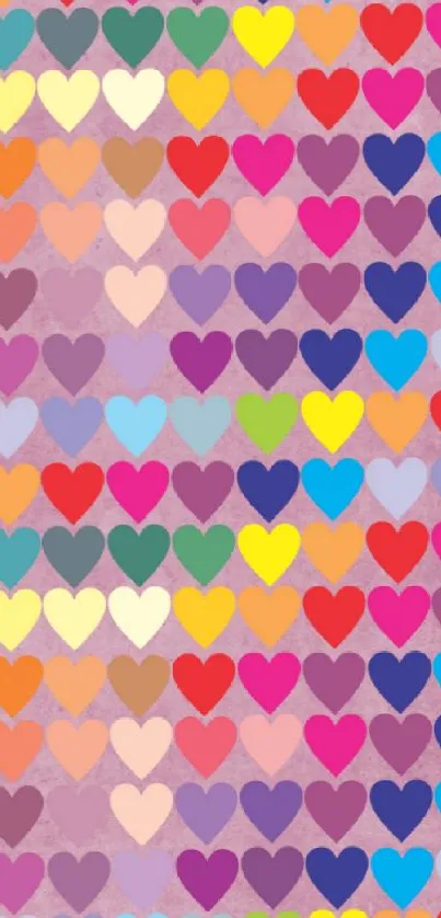 Vibrant mobile wallpaper with colorful hearts on pink texture.