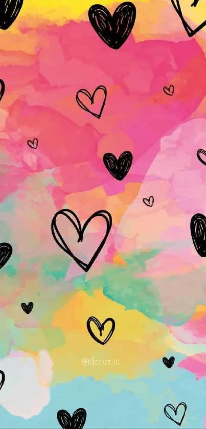 Vibrant wallpaper with hearts and watercolor background.