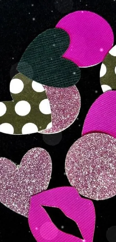 Colorful hearts and lips pattern on black wallpaper.